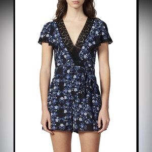 Sandro Floral Wrap Romper with Lace Trim